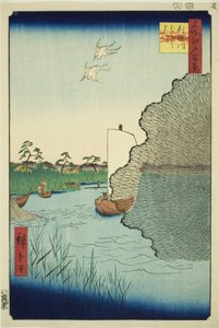 S Kattere d pines sound tee i Neri ver (Tone River luźna sosna), z serii „Ridge d red fa net s widoki Edo (Sto słynnych widoków Edo)” autorstwa Utagawa Hiroshige
