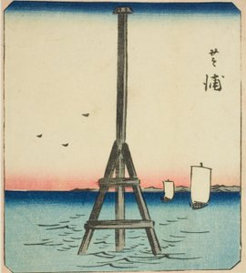 Shibaura, fragment arkusza z serii „Wycinane obrazy znanych miejsc w Edo (Edo meisho harimaze zue)” autorstwa Utagawa Hiroshige