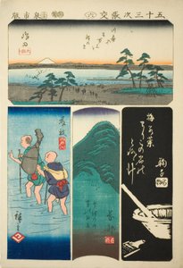 Shimada, Fujieda, Okabe i Mariko, nie. 6 z serii „Wycinanki z pięćdziesięciu trzech stacji (Gojusan tsugi harimaze)” autorstwa Utagawa Hiroshige