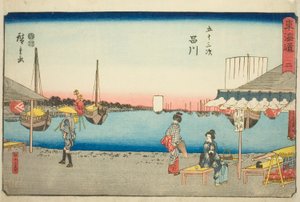 Shinagawa: Herbaciarnie w Samegafuchi (Shinagawa, Samegafuchi no chaya) — nr 2 z serii „Pięćdziesiąt trzy stacje Tokaido (Tokaido gojusan tsugi),” znanej również jako Reisho Tokaido autorstwa Utagawa Hiroshige