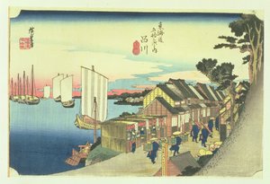 Shinagawa: odlot Daimyo, w późniejszych wydaniach o nazwie Sunrise, nr 2 z serii „53 stacje Tokaido” („Tokaido gojusan tsugi no uchi”), wyd. Hoeido, 1833 (rozmiar oban, yoko-e- poziomo