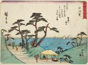 Shirasuka: Widok na zbocze Shiomi (Shirasuka, Shiomizaka no zu), z serii „Pięćdziesiąt trzy stacje Tokaido (Tokaido gojusan tsugi),”, znany również jako Tokaido z wierszem (Kyoka iri Tokaido) autorstwa Utagawa Hiroshige