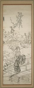 Szkic kobiety przechodzącej przez most autorstwa Utagawa Hiroshige