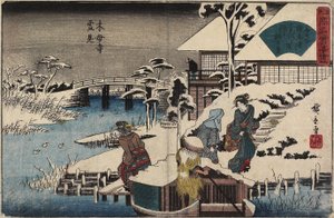Śnieżna scena w świątyni Mokubo-ji i restauracji Uekiya, ok. godz. 1835-1842