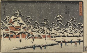 Śnieżny widok świątyni Zo_jo_ji w Shiba, 1847-1852