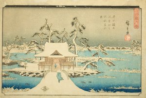 Śnieg w świątyni Benzaiten w stawie Inokashira (Inokashira no ike Benzaiten no yashiro yuki no kei), z serii „Śnieg, księżyc i kwiaty w słynnych miejscach (Meisho setsugekka)” autorstwa Utagawa Hiroshige