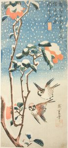 Wróble i Kamelia w śniegu autorstwa Utagawa Hiroshige