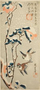 Wróble i Kamelia w śniegu autorstwa Utagawa Hiroshige