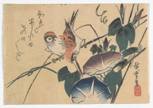 Sparrows and Morning Glories, okres Edo, koniec lat 30. XIX wieku (kolorowy drzeworyt)