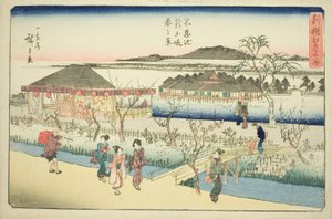 Wiosenny widok nowego nabrzeża nad stawem Shinobazu (Shinobazu ike shin dote haru no kei), z serii „Nowo wybrane słynne miejsca w Edo (Shinsen Edo meisho)” autorstwa Utagawa Hiroshige