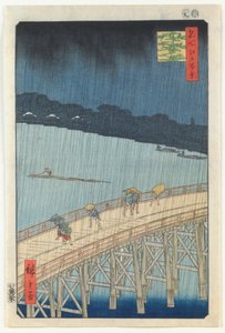 Nagły prysznic nad mostem Ōhashi i Atake, z serii „Sto słynnych widoków Edo” autorstwa Utagawa Hiroshige