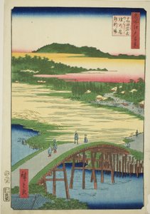 Most Sugatami, most Omokage i żwirownia w Takata (Takata Sugataminohashi Omokagenohashi jariba), z cyklu „Sto słynnych widoków Edo (Meisho Edo hyakkei)” autorstwa Utagawa Hiroshige