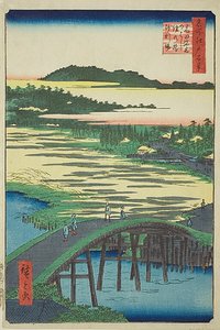 Most Sugatami, most Omokage i żwirownia w Takata (Takata Sugataminohashi Omokagenohashi jariba), nr 116 z serii "Sto słynnych widoków Edo (Meisho Edo hyakkei)". autorstwa Utagawa Hiroshige