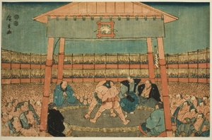 Sumo Match w Dzielnicach Świątyni Ekoin (Ekoin keidai sumo no zu), z serii „Ryogoku we wschodniej stolicy (Toto Ryogoku)” autorstwa Utagawa Hiroshige