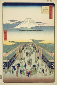 Napisane przez Surugi, z serii „Ridge dre d fa net s vie ws of Edo (Sto słynnych widoków Edo)” autorstwa Utagawa Hiroshige