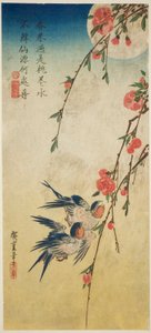 Jaskółki, plisowane kwiaty i pełnia księżyca autorstwa Utagawa Hiroshige