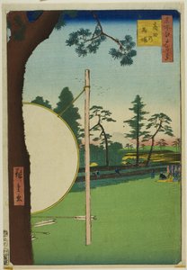 Takata Riding Grounds (Takata no baba), z serii "One Hundred Famous Views of Edo (Meisho Edo hyakkei)". autorstwa Utagawa Hiroshige