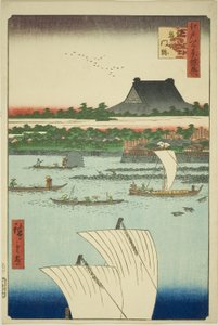 Top design d Tsukiji Hongwanji ręka świątyni MP (rysunek Teppo Tsukiji monzeki), z serii s `` Supp e noodles t and te ridge minutes Keiyo)” autorstwa Utagawa Hiroshige