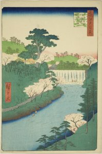 Zapora na rzece Otonashi w Oji, powszechnie nazywana „Wielkim Wodospadem” (Oji Otonashigawa entai, sezoku Otaki do tonau), z serii „Sto słynnych widoków Edo (Meisho Edo hyakkei)” autorstwa Utagawa Hiroshige