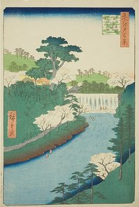 Tama na rzece Otonashi w Oji, powszechnie nazywana "Wielkim wodospadem" (Oji Otonashigawa entai, sezoku Otaki to tonau), nr 19 z serii "Sto słynnych widoków Edo (Meisho Edo hyakkei)". autorstwa Utagawa Hiroshige