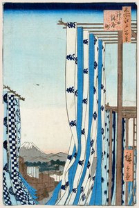 Dzielnica farbiarzy w Kanda Sto słynnych widoków Edo, 1856-1858. autorstwa Utagawa Hiroshige
