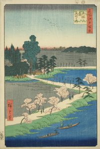 Splecione drzewa kamforowe w świątyni Azuma (Azuma no mori Renri no azusa), z serii „Sto słynnych widoków Edo (Meisho Edo hyakkei)” autorstwa Utagawa Hiroshige