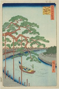 Pięć sosen nad rzeką Onagi (Onagigawa Gohonmatsu), nr 97 z serii "Sto słynnych widoków Edo (Meisho Edo hyakkei)". autorstwa Utagawa Hiroshige