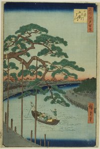 Pięć sosen nad rzeką Onagi (Onagigawa Gohonmatsu), z serii "Sto słynnych widoków Edo (Meisho Edo hyakkei)". autorstwa Utagawa Hiroshige