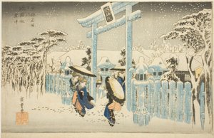 Świątynia Gion w Śniegu (Gionsha setchu), z serii „Słynne miejsca w Kioto (Kyoto meisho no uchi)” autorstwa Utagawa Hiroshige
