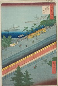 Hall of Thirty-Three Bays at Fukagawa (Fukagawa Sanjusangendo), nr 69 z serii "One Hundred Famous Views of Edo (Meisho Edo hyakkei)". autorstwa Utagawa Hiroshige