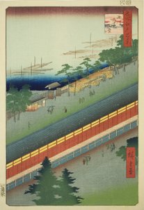 Sala trzydziestu trzech zatok w Fukagawa (Fukagawa Sanjusangendo), z serii „Sto słynnych widoków Edo (Meisho Edo hyakkei)” autorstwa Utagawa Hiroshige