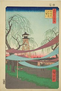 Tereny jeździeckie Hatsune w Bakuro-cho (Bakuro-cho Hatsune no Baba), nr 6 z serii "Sto słynnych widoków Edo (Meisho Edo hyakkei)". autorstwa Utagawa Hiroshige