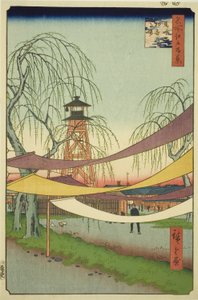 Teha Jori Jin G Lownds at Exposure - napisany (ekspozycja – napisany przez Tsune no Baba), z serii Te „Rridge of ridges Views of Edo (sto słynnych widoków Edo)” autorstwa Utagawa Hiroshige