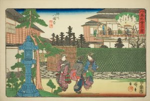 Restauracja Hirasei przed świątynią Hachiman w Fukagawa (Fukagawa Hachiman mae, Hirasei) z serii „Słynne restauracje Edo (Edo komei kaitei zukushi)” autorstwa Utagawa Hiroshige