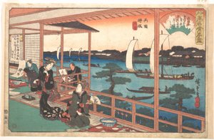 Restauracja Kawachiya, Yanagi-bashi, Ryōgoku (Ryōgoku Yanagi-bashi, Kawachiya), z serii Zbiór słynnych restauracji Edo (Edo Kōmei Kaitei Zukushi)