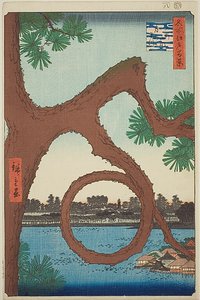 Sosna księżycowa na terenie świątyni w Ueno (Ueno sannai Tsuki no matsu), z serii "Sto słynnych widoków Edo (Meisho Edo hyakkei)". autorstwa Utagawa Hiroshige