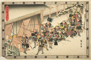 Nocny atak, część 2: Włamanie (Youchi ni, rannyu), z serii „Zemsta lojalnych podwładnych (Chushingura)” autorstwa Utagawa Hiroshige