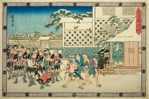 Nocny atak, część 4: Odwrót (Youchi yon, hikitori), z serii „Zemsta lojalnych podwładnych (Chushingura)” autorstwa Utagawa Hiroshige