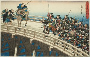 Nocny atak, część 4 [sic; właściwie 5]: Ucieczka przez most Ryogoku (Youchi yon, Ryogoku hikitori), z serii „Zemsta lojalnych podwładnych (Chushingura)” autorstwa Utagawa Hiroshige