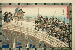 Nocny atak, część 4 [sic; właściwie 5]: Ucieczka przez most Ryogoku (Youchi yon, Ryogoku hikitori), z serii „Zemsta lojalnych podwładnych (Chushingura)” autorstwa Utagawa Hiroshige