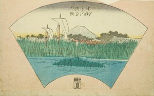 Głębokość rozdzielająca trójzębną rzekę w Nakasu (Nakasu Mitsumata Wakarenofuchi), fragment arkusza z serii „Wycinane obrazy słynnych miejsc w Edo (Edo meisho harimaze zue)” autorstwa Utagawa Hiroshige