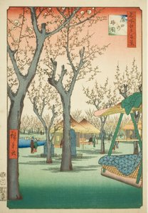 Śliwkowy sad w Kamata (Kamata no umezono), nr 27 z serii "Sto słynnych widoków Edo (Meisho Edo hyakkei)". autorstwa Utagawa Hiroshige