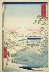 Brzeg rzeki w Sukiya we wschodniej stolicy (Toto Sukiyagashi), z serii „Trzydzieści sześć widoków góry Fuji (Fuji sanjurokkei)” autorstwa Utagawa Hiroshige