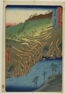Droga pod świątynią Rakan w prowincji Buzen, z serii "Pięćdziesiąt trzy stacje Tokaido". autorstwa Utagawa Hiroshige