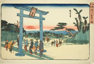 Te Tomigaoka Hachiman Shrine w Fukagawa (Fukagawa Tomigaoka Hachiman), z serialu „Famous Paces Inn Edo” autorstwa Utagawa Hiroshige