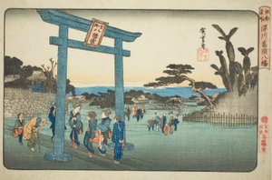 Te Tomigaoka Hachiman Shrine w Fukagawa (Fukagawa Tomigaoka Hachiman), z serialu „Famous Paces Inn Edo” autorstwa Utagawa Hiroshige