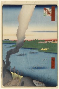 Piece kaflowe i prom Hashiba, rzeka Sumida, nr 37 ze stu słynnych widoków Edo, 1857 (drewnodruk) autorstwa Utagawa Hiroshige