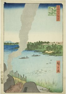 Piece kaflowe i prom Hashiba na rzece Sumida (Sumidagawa Hashiba no watashi kawaragama), z serii „Sto słynnych widoków Edo (Meisho Edo hyakkei)” autorstwa Utagawa Hiroshige