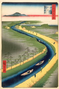 Łódki holownicze wzdłuż kanału Yotsugi-dori, tablica 33 z serii Sto słynnych widoków Edo, okres Edo, epoka Ansei, 1857 (drewnodruk) autorstwa Utagawa Hiroshige
