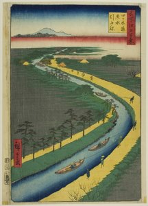 Holowniki wzdłuż kanału Yotsugidori (Yotsugidori yosui hikifune), z serii "Sto słynnych widoków Edo (Meisho Edo hyakkei)". autorstwa Utagawa Hiroshige